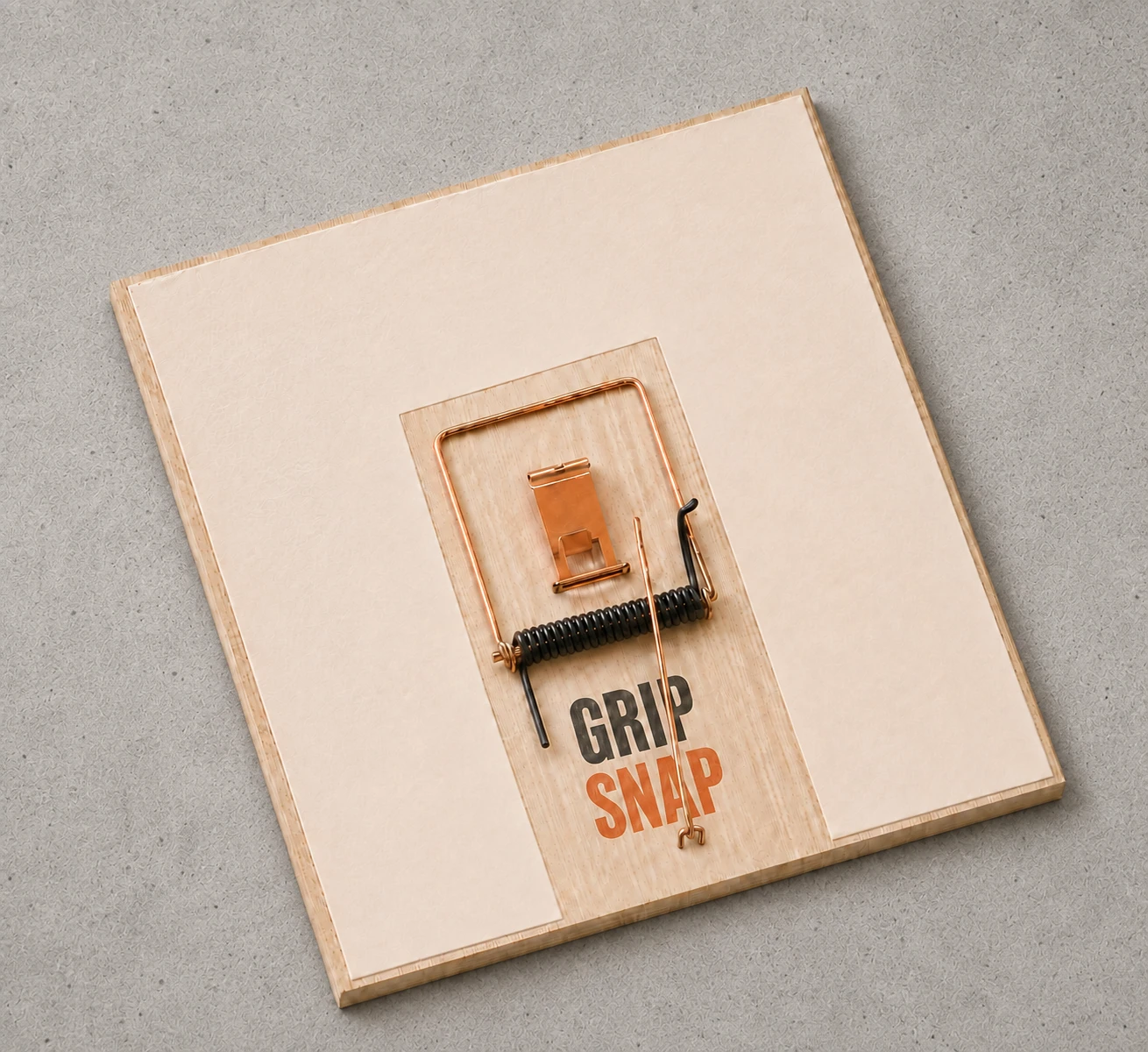 GripSnapTrap wooden mouse trap on gray concrete, with copper hardware and an adhesive surround on three sides